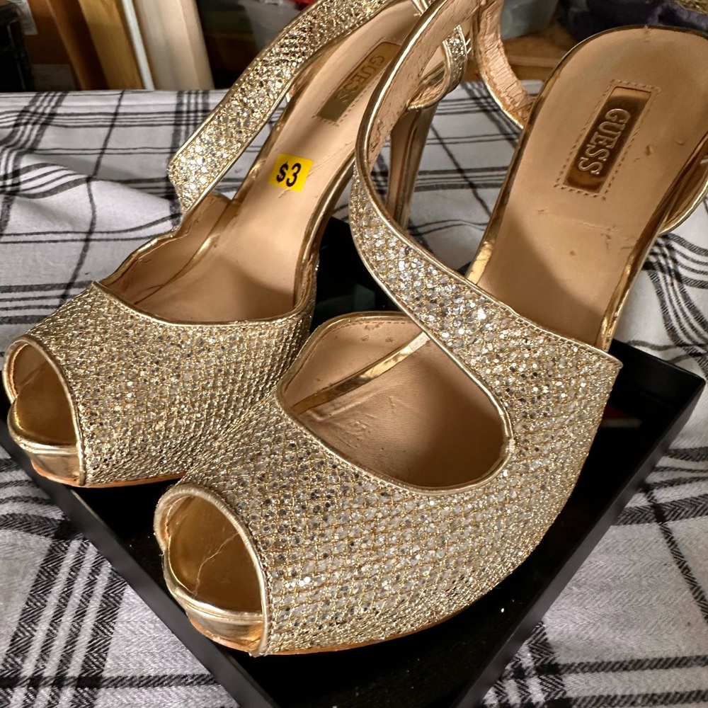 Guess Gold Glamorous Peep-Toe Heels